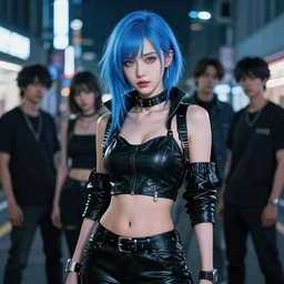 hyper realistic photograph portrait of cyberpunk pretty girl with blue hair, wearing a sexy leather outfit, in city street at night, by makoto shinkai, ilya kuvshinov, lois van baarle, rossdraws, basquiat
