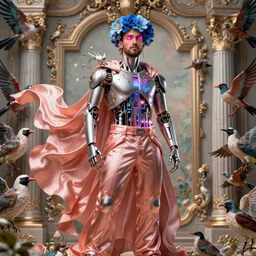 full-body cyberpunk style sculpture of  handsome singer Maluma as a half cyborg with a chest opening exposing circuitry and electric sparks, glowing pink eyes, crown of blue flowers,  flowing salmon-colored silk, fabric, raptors. baroque elements. full-length view. baroque element. intricate artwork by caravaggio.  many many birds birds on  background. Trending on artstation, octane render, cinematic lighting from the right, hyper realism, octane render, 8k, depth of field, 3D
