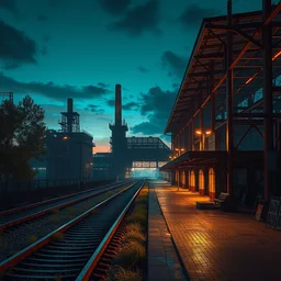 a beautiful hyperdetailed render of architecture railway station industrial architecture city building nature unfinished building urbex abandoned by mike winkelmann, futuristic uv light at dawn at night, archdaily, wallpaper, highly detailed, trending on artstation.