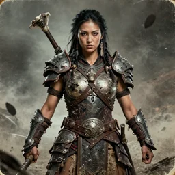 fight portrait ancient shaman tribeswoman in  battlerage,  destroyed armor inspired by monster hunter, low shot, muscular body, symmetrical face, clean face, subtle make up, destruction around her, frozen time,dramatic lighting, cinematic, establishing shot, extremely high detail, photorealistic, 300 the movie,monster hunter the movie, dune the movie, cinematic lighting, artstation, octane render, western,old photo, vintage