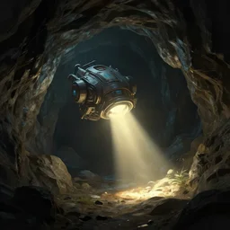 teleportation machine in a dark cave, light shining from the machine and illuminating the rock formations, style of fantasy digital art, trending on artstation