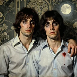 a renaissance painting of two beautiful but sinister men wearing oxford shirts in layers of fear, with haunted eyes and dark hair, 1 9 7 0 s, seventies, wallpaper, a little blood, moonlight showing injuries, delicate embellishments, painterly, offset printing technique, by brom, robert henri, walter popp