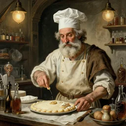 zeus as an old world italian baker, in an old world deli, hyper realistic, hyper detailed, surreal old world art style, by leonardo davinci, michelangelo and salvatore dali
