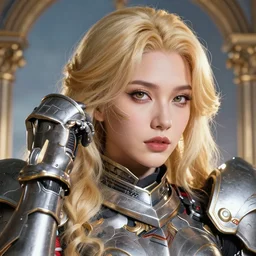 studio portrait of lawful good colorful female holy mecha paladin absurdly beautiful, elegant, mature blonde cute gravure idol, ultrafine hyperrealistic detailed face illustration by kim jung gi, highly detailed faces, intricate linework, sharp focus, bright colors, matte, octopath traveler, unreal engine 5 highly rendered, global illumination, radiant light, intricate environment