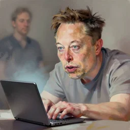 very old elon musk, laptop, intricate, fictional character, dynamic pose, dramatic lighting, realistic shaded lighting, pastel shades, expressively loose brush strokes, perfect face, 8 k realistic, hyper detailed, digital painting, artstation, concept art, hyper detailed eyes, art by sam spratt and peter mohrbacher and james jean