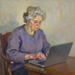 An impressionist oil painting of a very old woman using her laptop