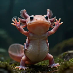 a closeup shot of a proud axolotl amphibian creature standing up triumphantly against the nature, amphibian standing in a defiant and dignified manner, dramatic lighting, cinematic, extremely high detail, photorealistic, cinematic lighting, trending on ArtStationHQ, DSLR, Nikon
