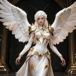 tall, attractive white haired preying mantis wearing white dove wings, warframe armor, regal, attractive, ornate, sultry, sexy, beautiful, elize theron, pretty face, green eyes, scifi platform, 4 k, ultra realistic, epic lighting, illuminated, cinematic, black gold, art by akihito tsukushi, voidstar