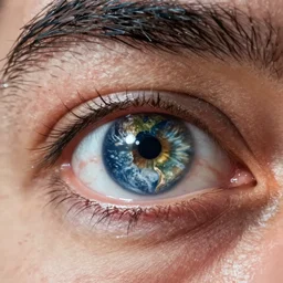 an extreme closeup of Weird Al's eye reflected in his eye is earth shrinking away