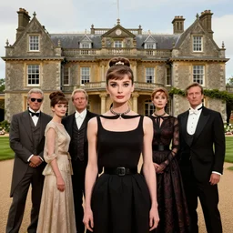 a mix of lily cole, anya taylor - joy and audry hepburn, tiara, standing proud outside their 1 8 th century manor, hyper - realism photo - realism, 8 k, hdr, unreal engine 5, octane render, photorealistic, extremely detailed, intricate, in the style of mark ryden, lostfish, earl nore, hyung tae, frank frazetta