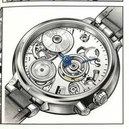 page from a graphic novel depicting exploded view diagram of a watch, intricate and detailed assembly drawing of a watch in steampunk style, fantasy concept art, hyper realistic illustration, 8 k,