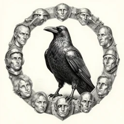 armoured crow rising like a phoenix, with a circle of metal features surrounding, pencil and ink, very detailed, jonathan pointer, janie penny, david finch,
