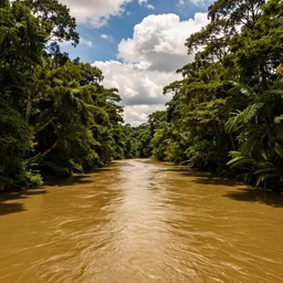 A very long river flowing into a lake of pure gold, hidden in the middle of a dense forest of tall trees, with lots of light clouds in the bright blue sky, in the late afternoon.