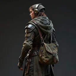an intricate concept portrait art illustration of a futuristic scifi nomad with a cape and bag, back - view, fuzichoco color palette, global illumination, digital art, style by ivan talavera and artgerm and wlop, hyper realistic, photorealistic, octane render, trending on artstation, cgsociety, cinematic light
