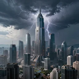 Wide shot of colossal futuristic megacity towering across the landscape, thunder storm, Ralph McQuarrie, EOS-1D, f/16, ISO 200, 1/160s, 8K
