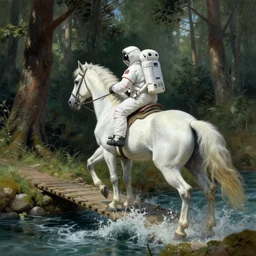 an astronaut riding on the back of a white horse through a forest, crossing a river on a bridge, a detailed matte painting by frieke janssens, featured on cgsociety, fantasy art, matte painting, reimagined by industrial light and magic, matte drawing