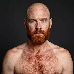 photograph of a shirtless, very hairy, balding, blue eyed ginger, middle aged man