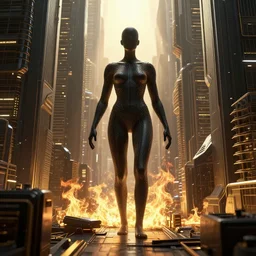 consciousness leaving the body in a burning city, 3 d artwork by billelis, render by antoni tudisco,, very detailed, maximalism, ambient occlusion, volumetric light, sun beam, hyper realism, realistic shading, futuristic black and gold composition, wide shot