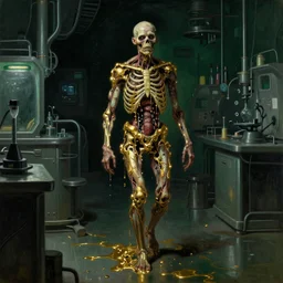 realistic Courbet painting of a dark sci-fi laboratory at night, dark green ambient light, dressed zombie walking made of guts and veins dripping golden shiny metalic fluid from ribcage to the floor. liquid shiny puddle of gold on the floor.