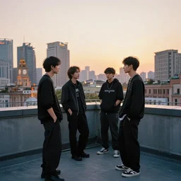 a small rooftop with a couple of modern subculture teenagers standing and talking to each other, wearing black modern clothes, modern shanghai bund is on the background, sunset, by gregory crewdson