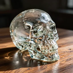transparent glass skull laying on a wooden table, high detail, hyper realism