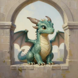 medieval fantasy, soft, realism oil painting, an adorable and cute perched dragon, as an anatomically accurate quadruped, surrounded by castle archways and buttresses, art by peter mohrbacher, and tim hildebrandt, as a book cover illustration, cinematic composition, ultradetailed