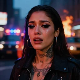 a streetwear mixed woman wearing thick mascara, crying, a city on fire in the background, police lights shine on her face, tattoos, dark glitter makeup, Cinestill 50d, 4k, 8k, hd, full color, octane render, trending on artstation, highly detailed, bokeh