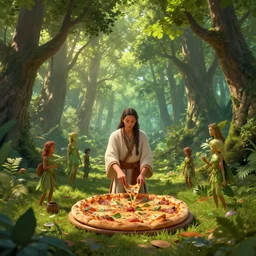 beautiful digital fantasy illustration of a pizza shaman, the trees of a green woodlands glistens as the morning sun touches its leaves with her gentle rays. dryads of various ages walk through the forest, collecting to make into potions by alena aenami and arthur adams, octane render, detail texture, unreal engine, 8 k