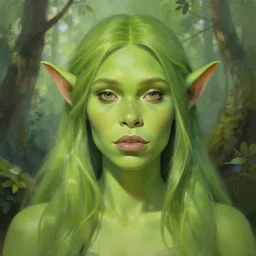 green orc female, light green tone beautiful symmetrical face in forest, by jeremy mann, greg rutkowski, noah bradley, digital painting