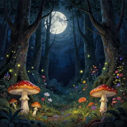 epic fantasy, old dark forest, moon, night, mushrooms, flowers, magic, colorful lights, fireflies, detailed illustration, hd, 4k, overdetailed art, by greg rutkowski, by Alfons Mucha, complementing colors