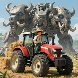 an intricate concept art, fantasy, asian farmer with straw hat standing in a tractor, haystack behind, a large mechanical biomes, megafauna, low - angle, close up shot, ultra photorealistic, ultra sharp, artstation, cgsociety, masterpiece, anime colors, by ivan talavera, by wlop, octane render, 8 k