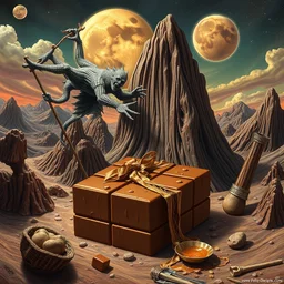 impossible chocolate by beeple, artgerm, salvador dali, bernie wrightson, bruce pennington, frank, stella,, angus mckie, alex grey, don bluth, akira toriyama, chris moore, arthur adams, andre masson, dr. suess, brian despain, chesley bonestell. symbolism, surrealism, artstation, 8 k, detailed, uhd