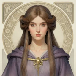 masterpiece head-on symmetrical centered bust-view portrait, Maya Ali as D&D sorcerer, Art Nouveau style, wizard robe, fantasy, air brush shading, delicate, elegant, in the style of Greg Rutkowski and Moebius and Mohrbacher and ROSSDRAWS and Ross Tran and Alphonse Mucha and Ayami Kojima and Charlie Bowater and Jean Delville, Pixar, Maya engine, splash comics, tarot card style, Art Nouveau, rich bright colours