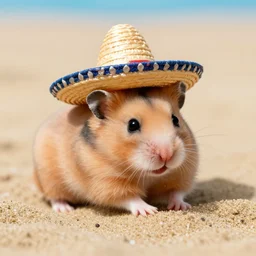 a hamster relaxing in the sand on the beach and wearing a sombrero, close up, dslr photo