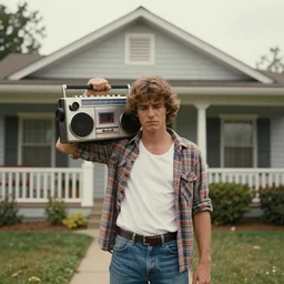 a man holding up a boombox in front of a house, pinterest contest winner, american romanticism, fashion of the 1 9 8 0's, sadpeople aesthetic, retro