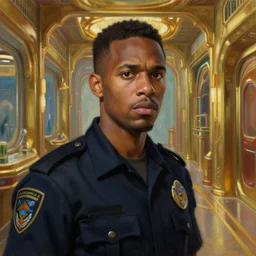 tahmoh penikett looking concerned. clear, detailed face. he is wearing a security uniform. he is in a corridor of the atlantis paradise, a retro futuristic spaceship made of brass, art deco influence, hotel style design. painting by artgerm and greg rutkowski.