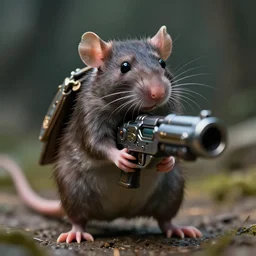 portrait of small bipedal fantasy rat!! holding carrying alien fantasy gun weapon, barrel aimed at towards screen, cinematic, portrait, macro, from the new science fiction movie, 8 k, f 1. 8!!!
