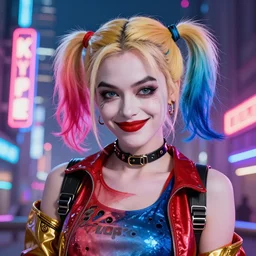 Harley Quinn in cyberpunk clothes, smiling softly, closeup shot, city background, vibrant colors, 4k, artstation, artstationHD, trending, neon signs, digital art