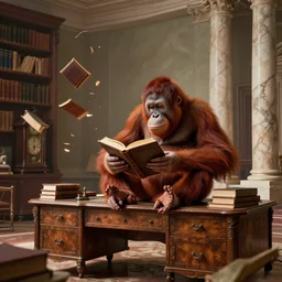 long shot, whole room view, orangutan sitting on antique desk, holding opened book using his feet, books flying from small bookshelves, grandfather clock, tall marble columns in the background, epic, master, illustration, concept art, detailed, dynamic lighting, octane render, 4 k