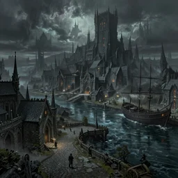 dark elven city in the underdark with a river, cobble stone paths, a dock with a large ship, cityscape in the style of thomas kinkade