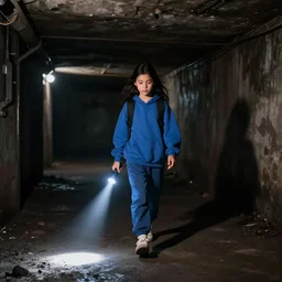 color video footage, a girl in blue, holding a flashlight walking in the deep dark basement,