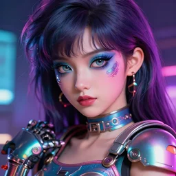 beautiful manga girl portrait with sci - fi makeup, anime 3 d style, chromatic skin, retro armor, eighties look, beautiful lights, vintage look, depth of field, gradients, hyper realistic, illustration, airbrush, 8 k, intricate, duo tone, art by david la chapelle and philip castle, artgerm