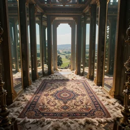 magic fluffy Persian carpet & mirror dimension, vertical labyrinth structure, vast vistas, by Greg Rutkowski and Gaston Bussiere, dim lighting, beautiful volumetric-lighting-style atmosphere, surreal atmosphere, intricate, detailed, photorealistic imagery, artstation