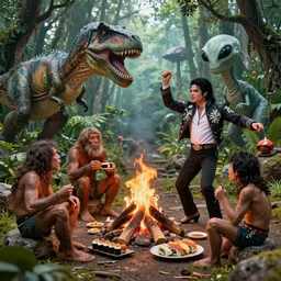 8 5 mm f 1. 8 lit edges, photo, hyper detailed, neanderthal people celebrating first contract with aliens!, eating sushi, surrounded by dinosaurs!, gigantic forest trees, sitting on rocks, bonfire, zoom on alien face, michael jackson moon dance