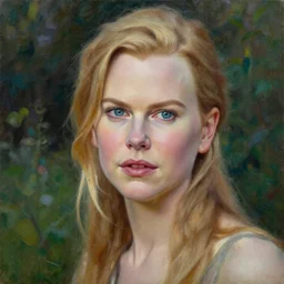 closeup portrait of nicole kidman in the garden, evening, highly detailed, ultrarealistic oil painting, vladimir volegov, artstation