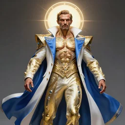 detailed beautiful noun in opened white gold blue coat, seductive confident pose, ifbb pro bodybuilder, face like mr bean, intricate details, futuristic, alien, elegant cape, elegant, photorealism, trending on artstation, holy halo, advanced technology, art by moebius and vitaly bulgarov and chanthara