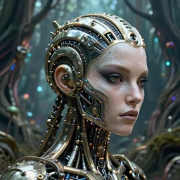 35mm portrait of a sophisticated intricate terminator woman's head on the background of a weird magical mechanical forest .Very detailed 8k. Fantasy cyberpunk horror. Sharp. Unreal 5 render with nanite, global illumination and path tracing. Cinematic post-processing