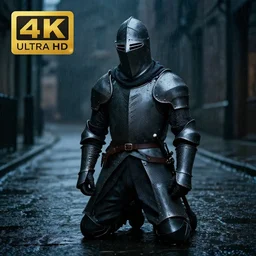 a knight standing in a dimly lit street, kneeling down, rain, studio camera, 4K ULTRA HD