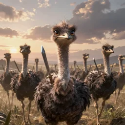 dungeons and dragons fantasy painting, ostrich cavalry, whimsical and cute, determined expressions, watery eyes, anime inspired, brown fur, tufty whiskers, steel blades, dawn lighting, by brain froud jessica rossier and greg rutkowski