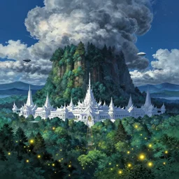 highly detailed illustration of giant a giant forest with fireflies and futuristic white temples at night and lots of cummulonimbus clouds and a spaceship by makoto shinkai, by moebius!, by oliver vernon, by joseph moncada, by damon soule, by manabu ikeda, by kyle hotz, by dan mumford, by kilian eng